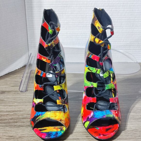 Steve Madden Cythiaa Peep-Toe Heels women's size 8 multi-colour rainbow Lace Up - Picture 3 of 12